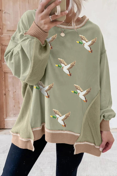 Sequined Mallard Duck Waffle Patchwork Western Graphic Sweatshirt