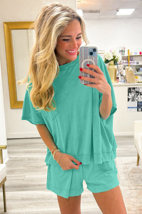 Raw Edge Patch Pocket Oversized Top And Shorts Set