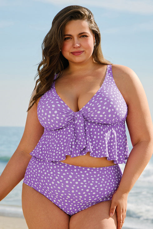 Polka Dot Ruffled Knotted V Neck Tankini Swimwear