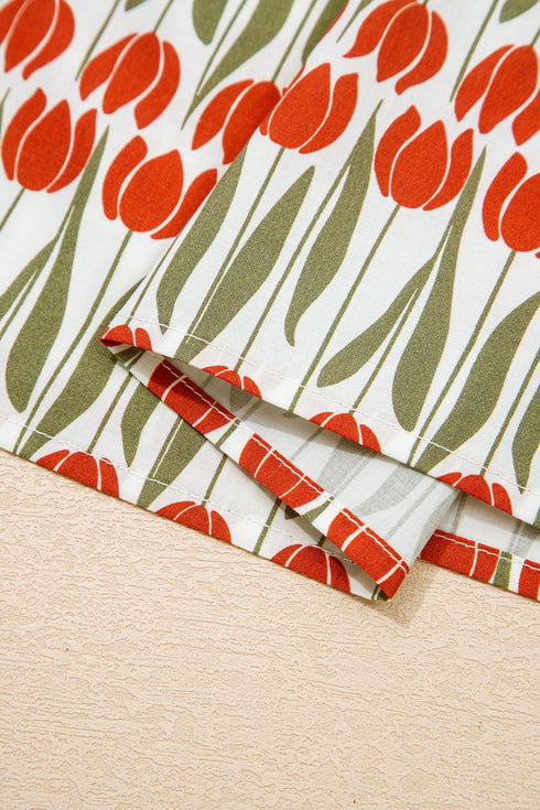 Rick Rack Tulip Print Puff Sleeve Cotton Floral Dress