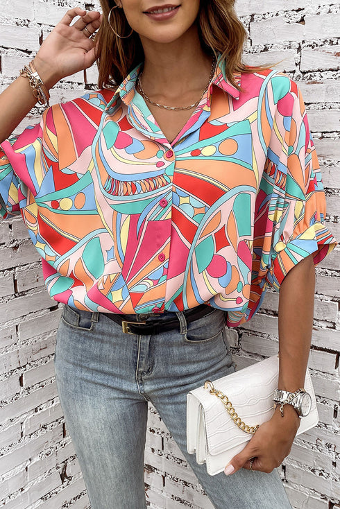 Abstract Geometric Print Relaxed Fit Button Up Shirt