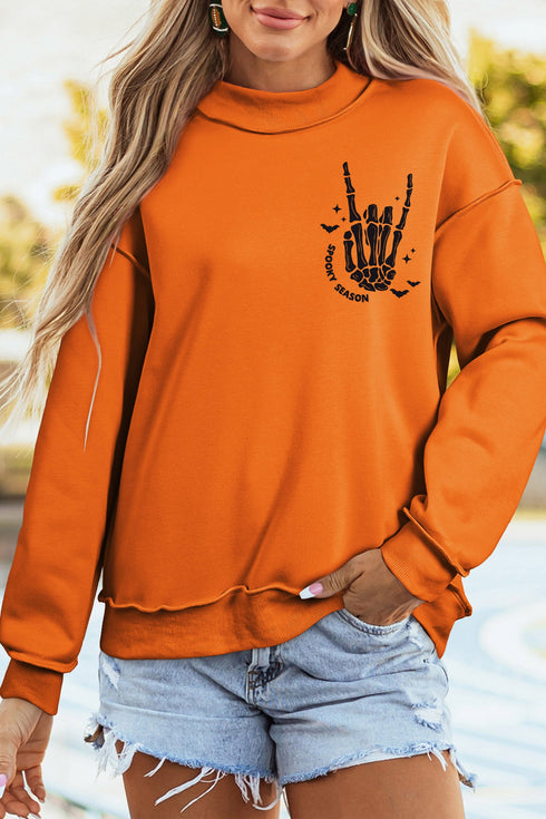 Spooky Themed Graphic Raised Mock Neck Sweatshirt
