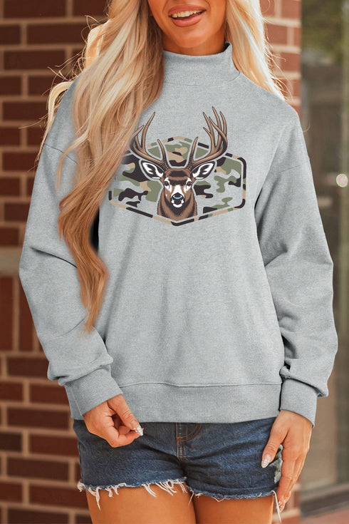 Oversize Camouflage Reindeer Print Mock Neck Sweatshirt