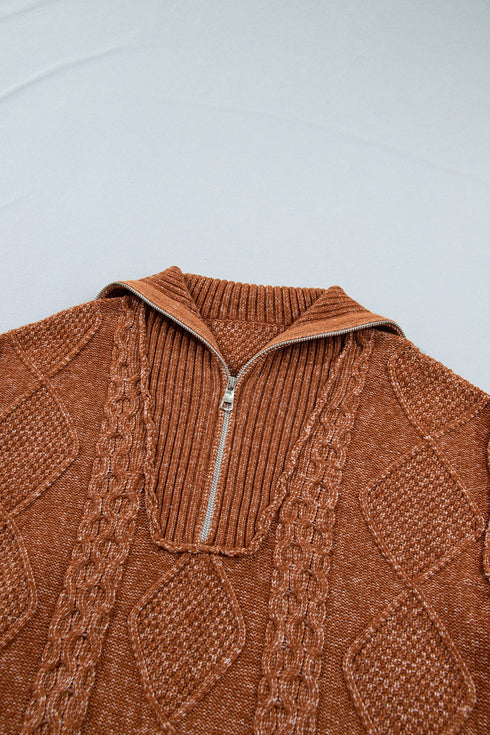 Zip Up Cable Knit Drop Shoulder Sweater Dress