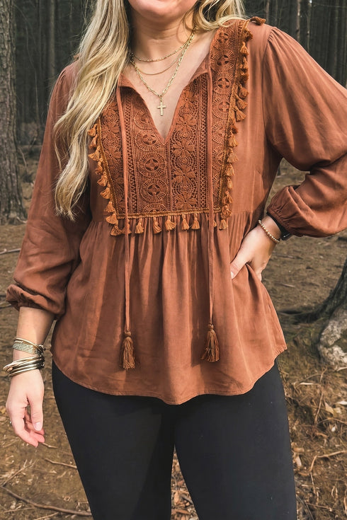 Boho V Neck Embroidered Tassel Long Sleeve Blouse
