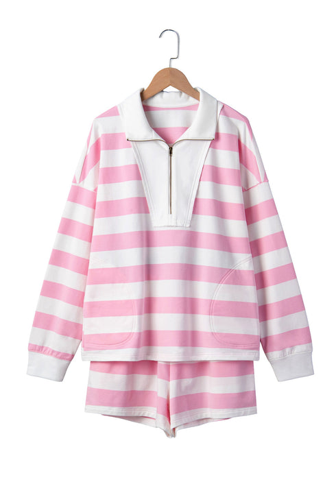 Striped Patchwork Zipper Pullover Elastic Waist Shorts Two Piece Short Set