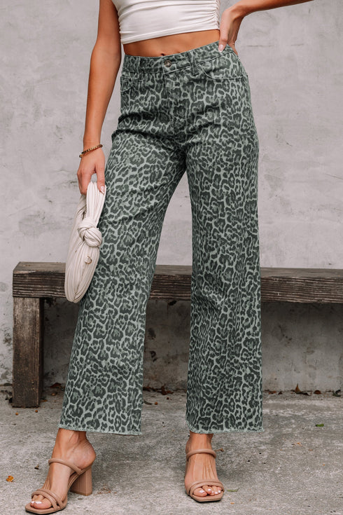 Western Style Leopard Print Frayed Edge Wide Leg Jeans