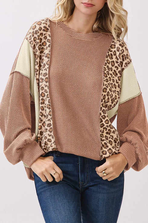 Leopard Print Ribbed Knit Corded Long Sleeve Top