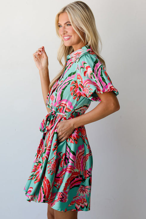 Abstract Lace-up High Waist Buttoned Mini Dress