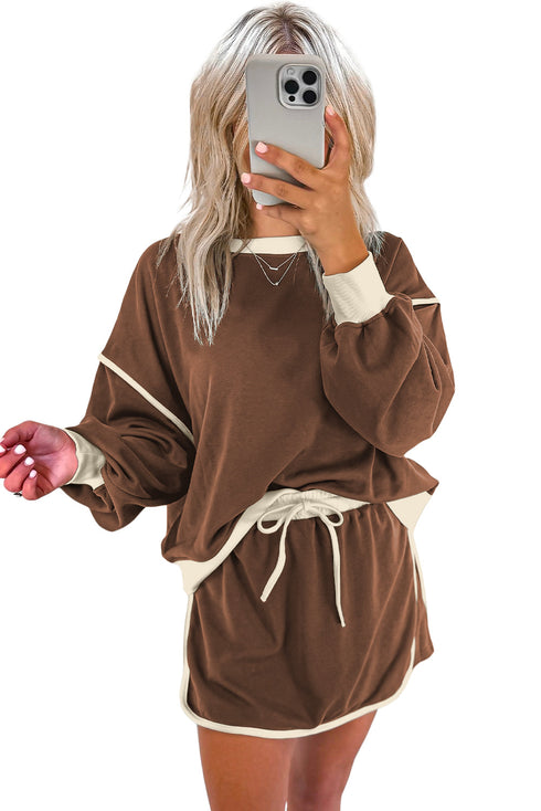 Paneled Loose Pullover And Lace Up Skort Two Piece Set