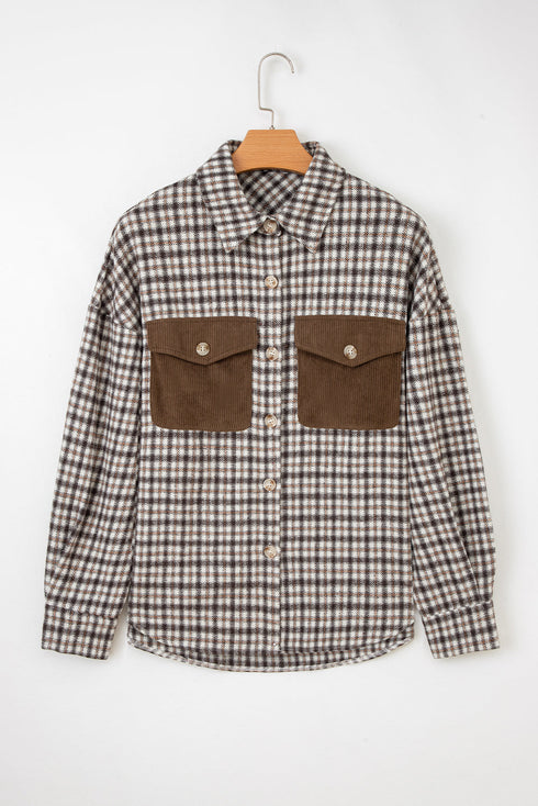 Corduroy Textured Patchwork Flap Pocket Plaid Shacket