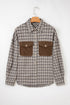 Corduroy Textured Patchwork Flap Pocket Plaid Shacket