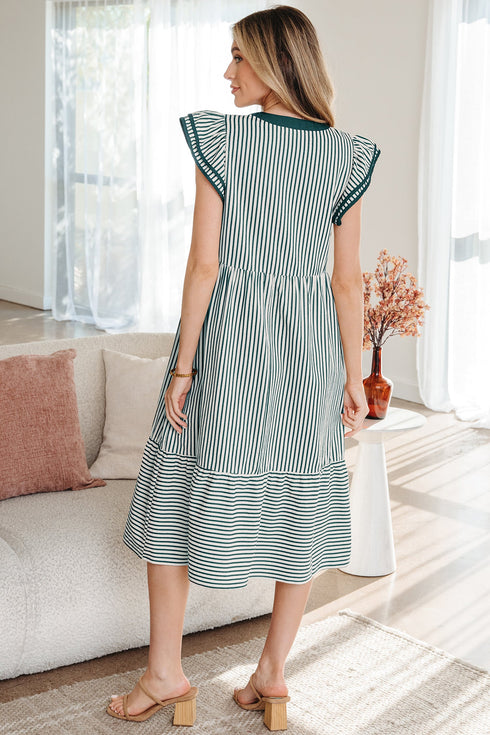 Stripe Double Ruffled Sleeve Contrast Trim A-Line Midi Dress