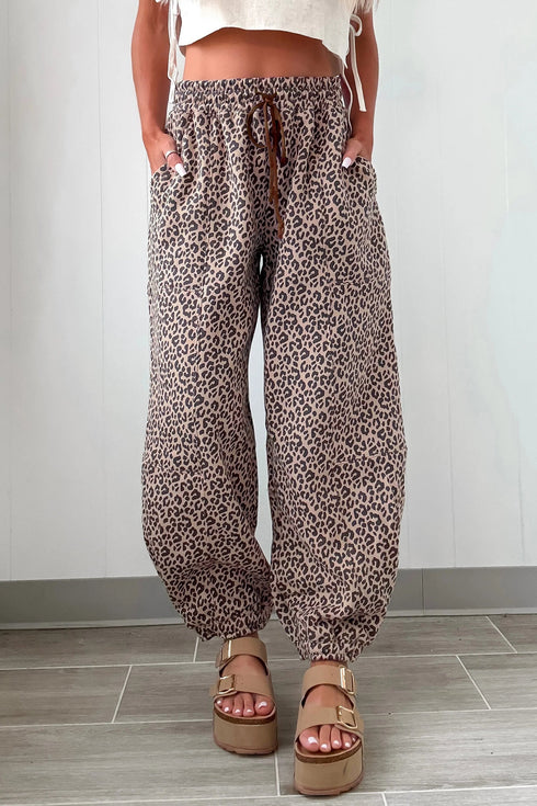 Leopard Print Elastic Waist Ankle Length Pants