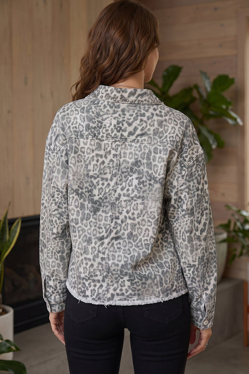 Leopard Print Studded Collar Patch Pocket Denim Jacket
