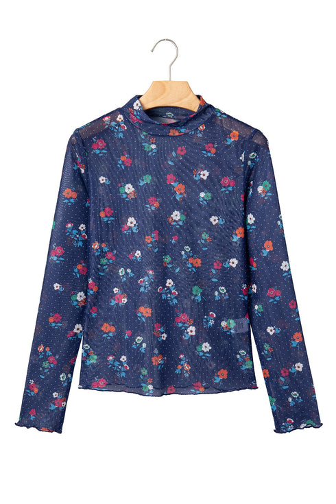 Polka Dot Floral Mesh Long Sleeve High Neck Pullover Sheath Top