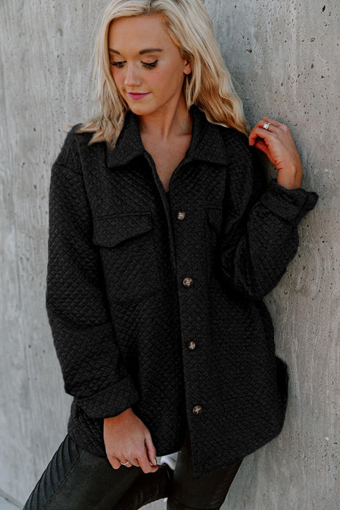 Casual Quilted Solid Button Front Flap Pocket Jacket