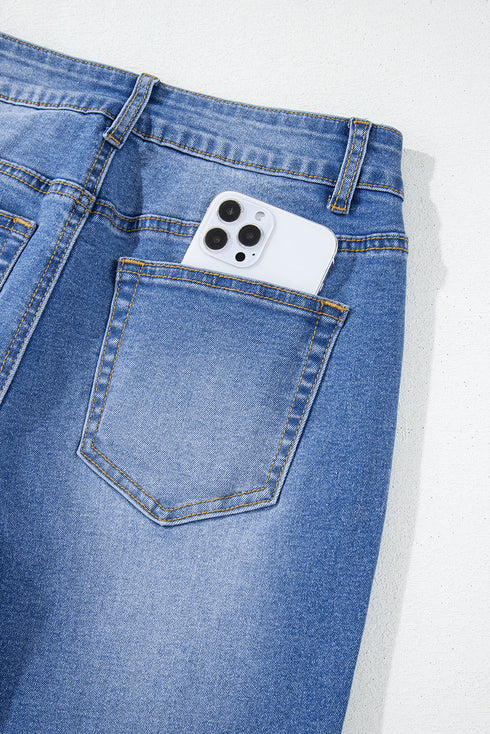 High Rise Straight Loose Raw Hem Cuffed Jeans