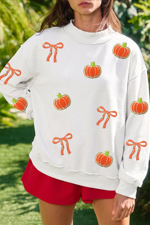 Chenille Pumpkin Sequin Bow Graphic Exposed Seam Mock Neck Sweatshirt