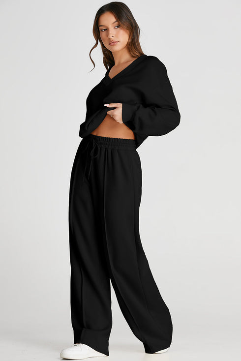 Relaxed V Neck Wide Leg Two Piece Set