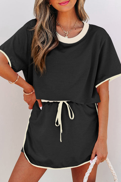 Contrast Trim Drop Shoulder Two Piece Skort Set