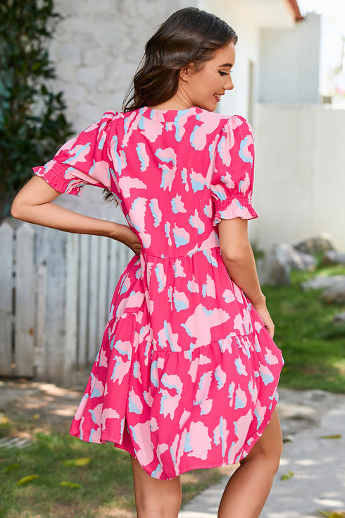 Abstract Print Puff Sleeve Tiered Mini Dress