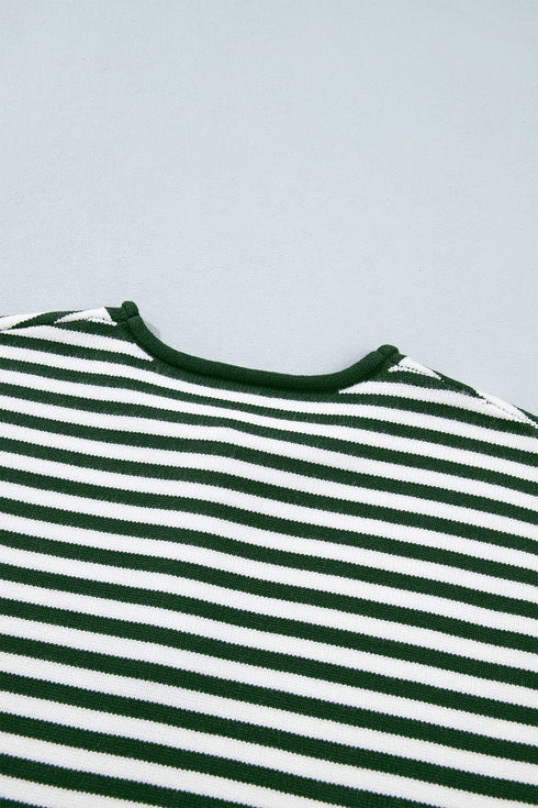 Striped Button Placket Drop Shoulder Long Sleeve Sweater