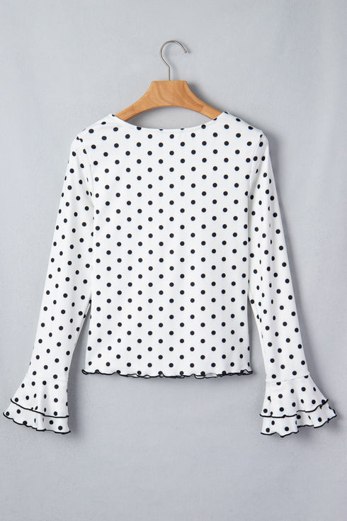 Modern Polka Dot Print Lettuce Trim Long Sleeve Top