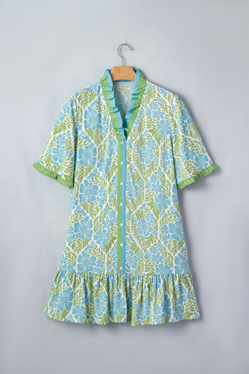 Botanical Floral Print Frilled Trim V Neck Button Front Dress