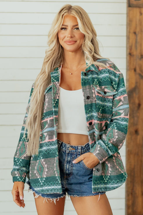 Geometric Print Button Front Long Sleeve Jacket
