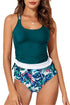 Ruched Side Tie Strap Leaf Print Tankini Set