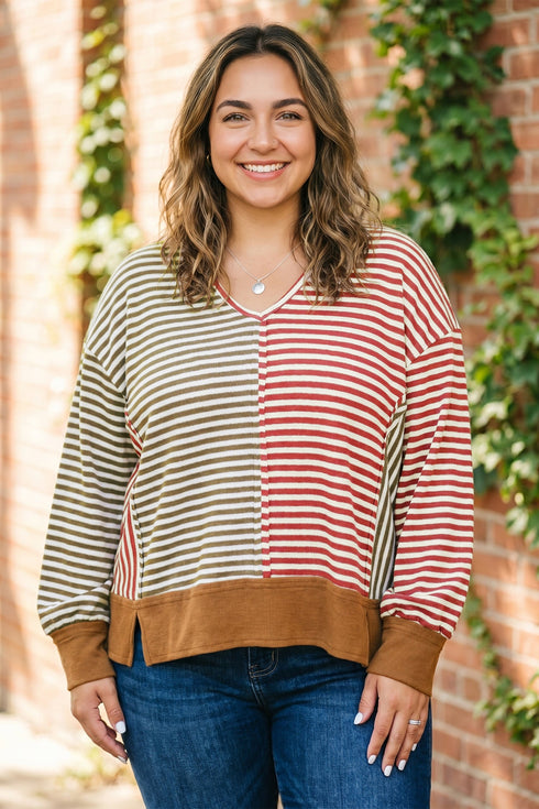 Striped V Neck Oversized Long Sleeve Top