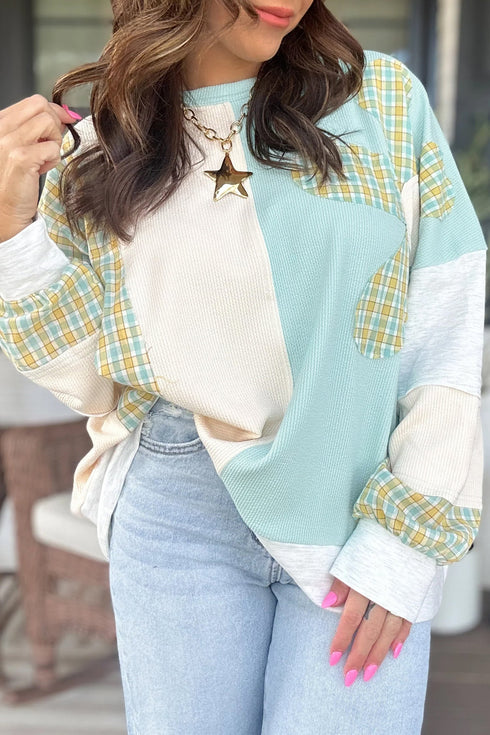 Corded Plaid Applique Patchwork Round Neck Long Sleeve Top