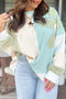 Corded Plaid Applique Patchwork Round Neck Long Sleeve Top