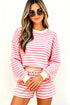 Striped Long Sleeve Crew Neck Drawstring Waist Short Set