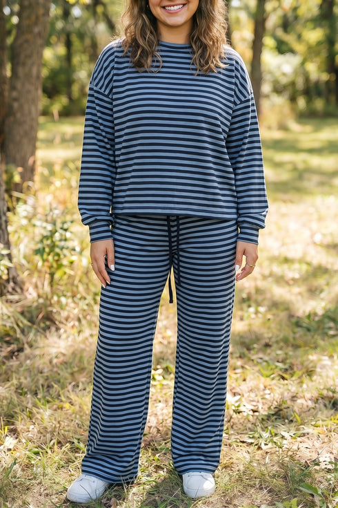 Striped Long Sleeve Drawstring Waist Loungewear Set