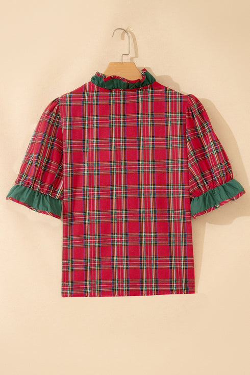 Plaid V Neck Ruffle Trim Short Sleeve Blouse