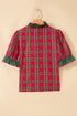 Plaid V Neck Ruffle Trim Short Sleeve Blouse