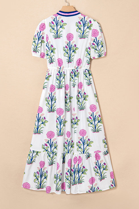 Floral Puff Short Sleeve V Neck High Waist Maxi Dress