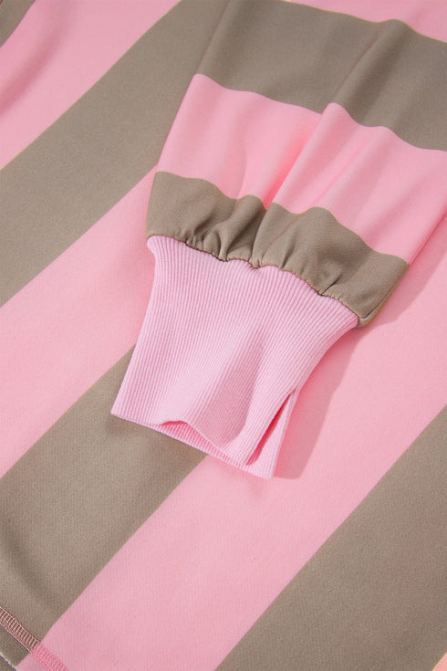 Striped Patch Pocket Split Hem Oversized Long Sleeve Sweatshirt