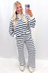 Striped Ribbed Cuff Collar Pocket Loose Pant Set