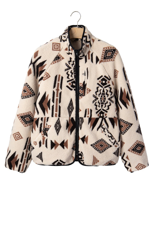 Geometric Print Long Sleeve Shirt Collar Zip Up Placket Binding Tape Jacket