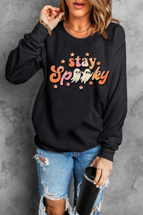 Retro Ghost Graphic Print Crew Neck Sweatshirt