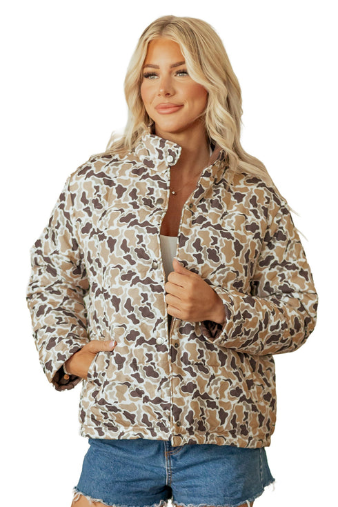 Camouflage Quilted Metal Button Collared Puffer Coat