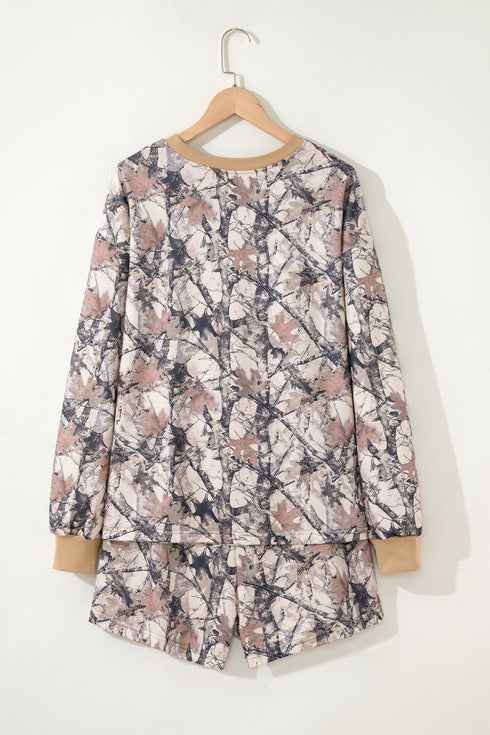 Abstract Woodland Print Long Sleeve Casual Short Set