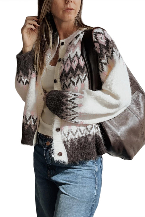 Geometric Pattern Brushed Knit Apres Ski Cardigan