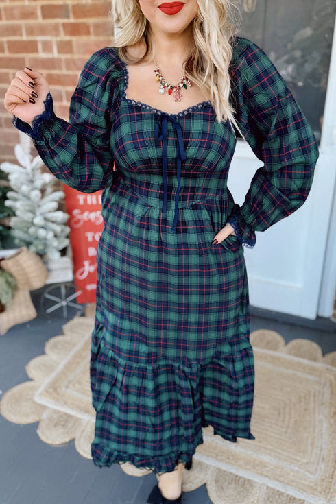Vintage Plaid Square Neck Lace Trim Long Sleeve Shift Maxi Dress