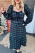 Vintage Plaid Square Neck Lace Trim Long Sleeve Shift Maxi Dress