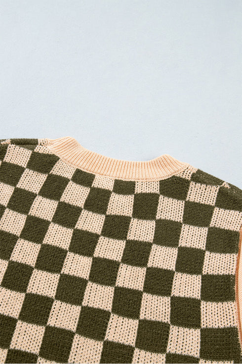 Checkered Drop Shoulder Long Sleeve Knit Sweater