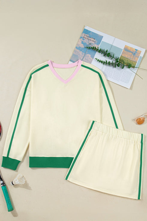 Ribbed Patchwork Trim Sporty V Neck Two Piece Set